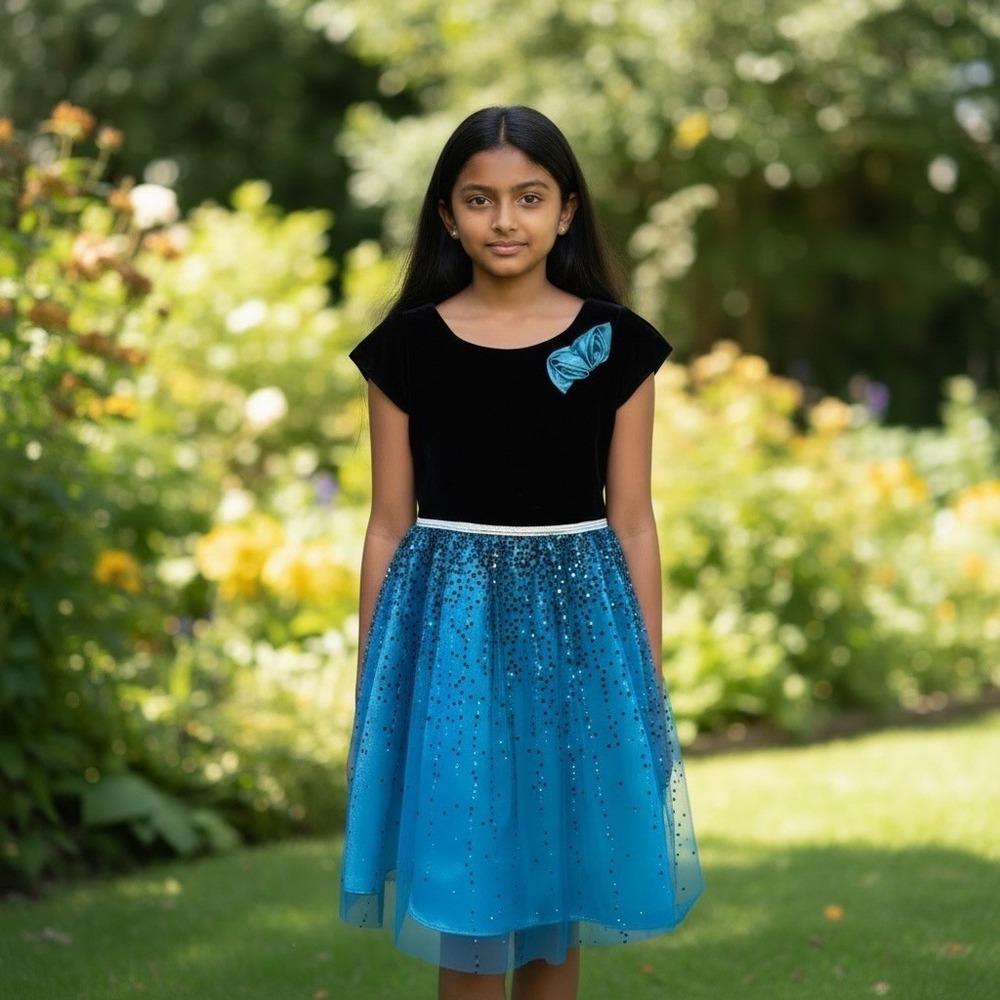 Jona Michelle Blue Silver Sparkle Cap Sleeve Pleated Lined Girls' Dress Size 8
